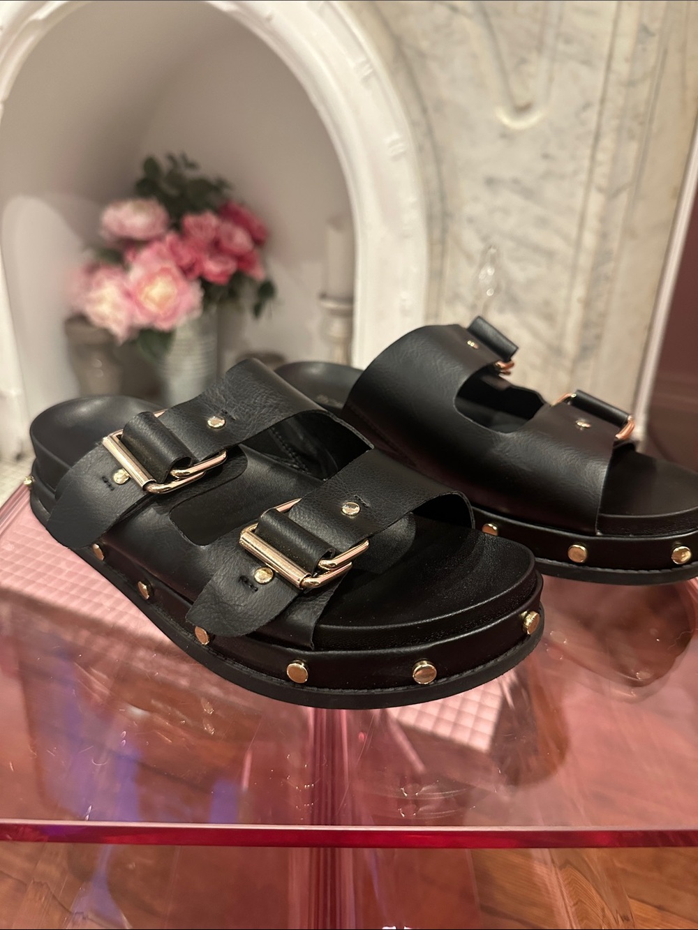 BCBGeneration Black Buckle Slide Sandals with Gold Studs